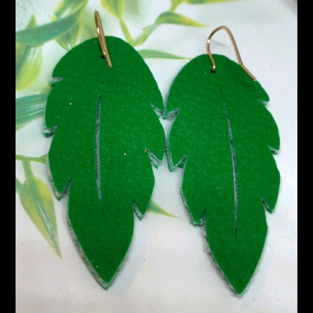 3/$20 Green leaf vegan leather dangle earrings